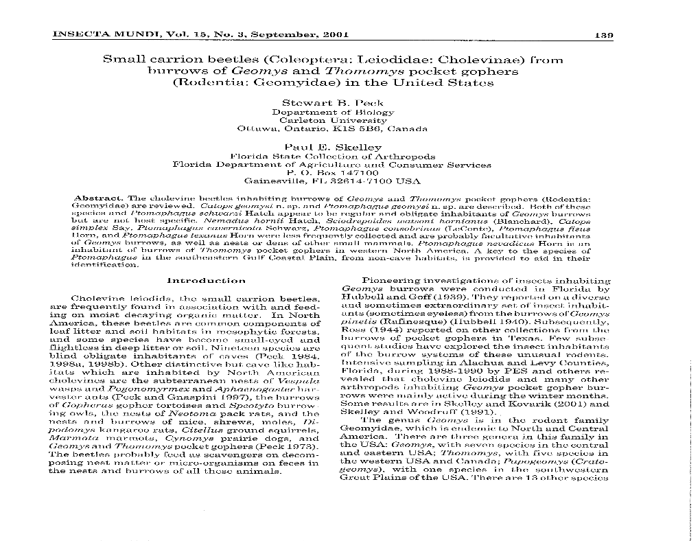 Small Carrion Beetles (Coleoptera: Leiodidae: Cholevinae) from Burrows of Geomys and Thomomys Pocket Gophers (Rodentia: Geomyidae) in the United States