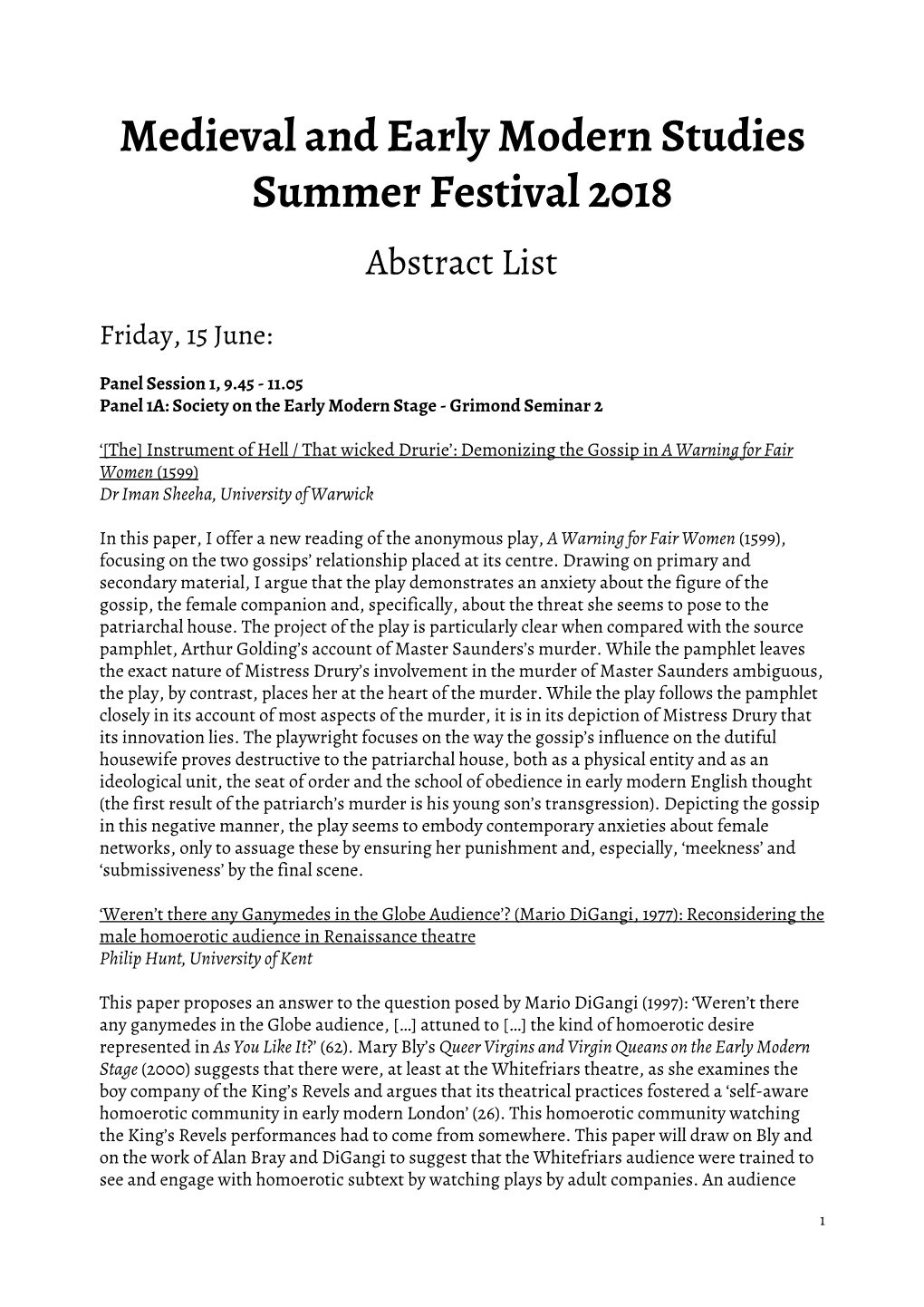 Medieval and Early Modern Studies Summer Festival 2018