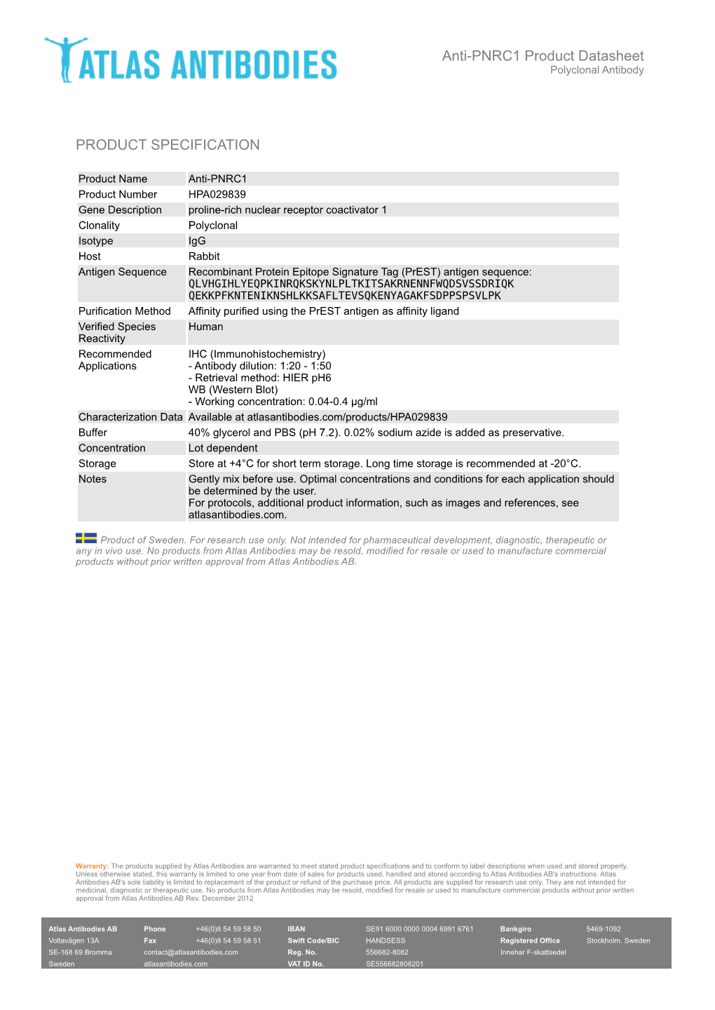 PRODUCT SPECIFICATION Anti-PNRC1 Product Datasheet