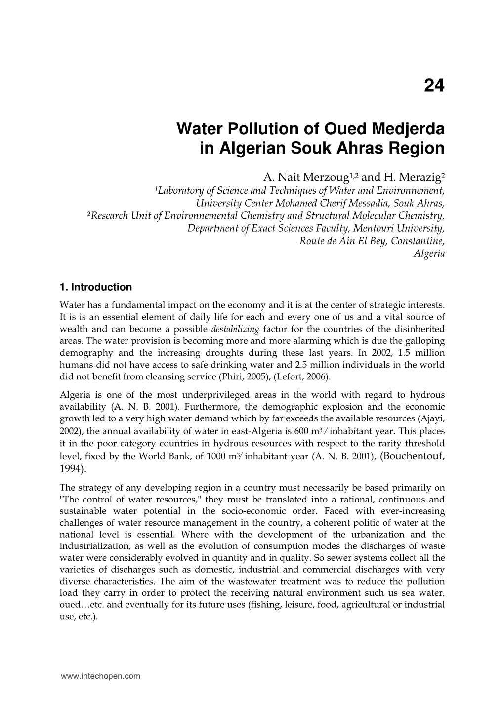 Water Pollution of Oued Medjerda in Algerian Souk Ahras Region