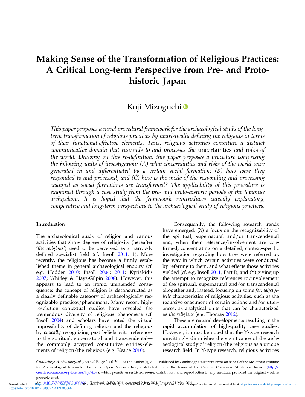 Making Sense of the Transformation of Religious Practices: a Critical Long-Term Perspective from Pre- and Proto- Historic Japan