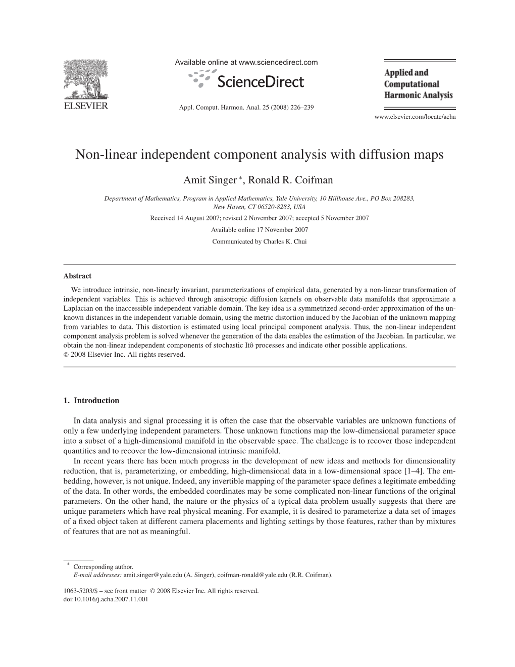 Non-Linear Independent Component Analysis with Diffusion Maps