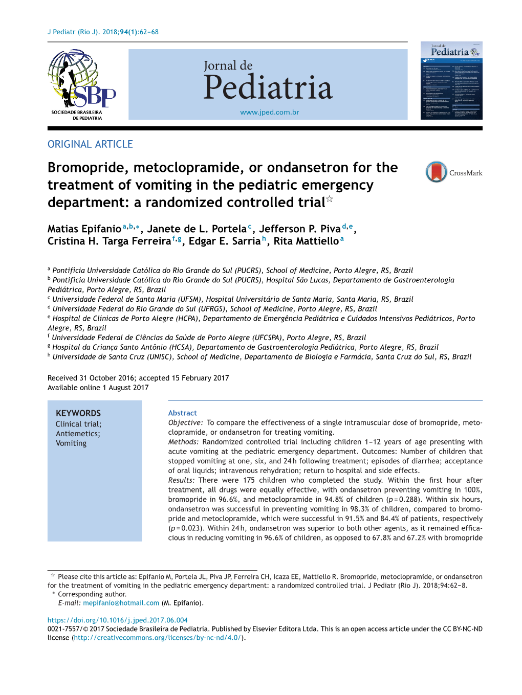 Bromopride, Metoclopramide, Or Ondansetron for the Treatment of Vomiting in the Pediatric Emergency Department