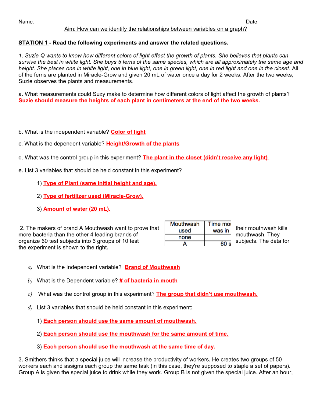 Independent and Dependent Variables: Practice Worksheet