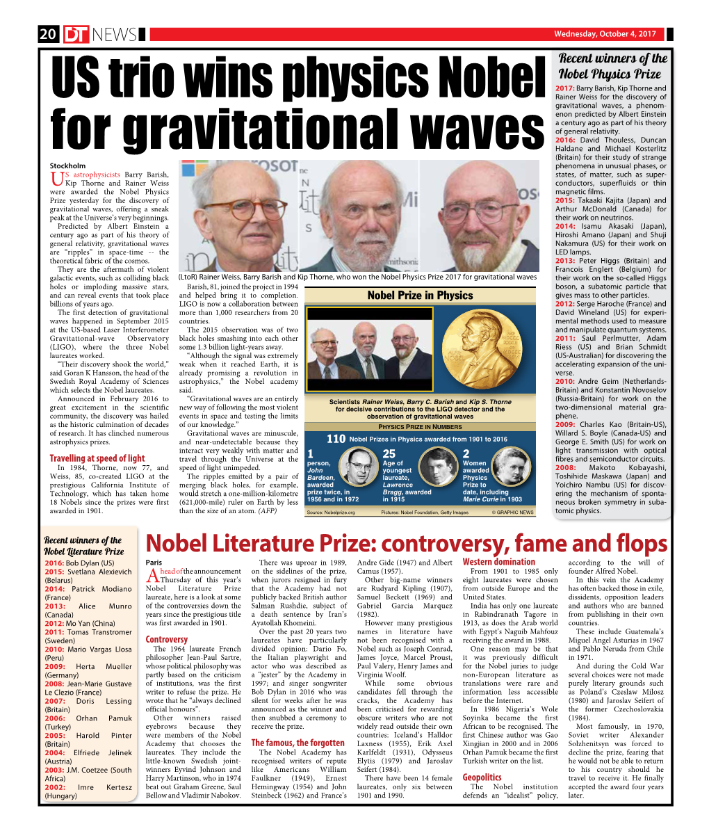US Trio Wins Physics Nobel for Gravitational Waves