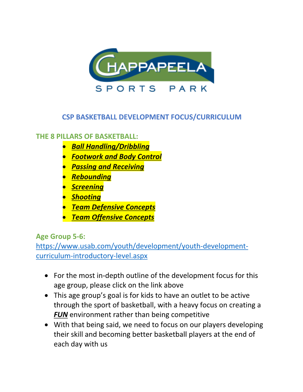Csp Basketball Development Focus/Curriculum the 8