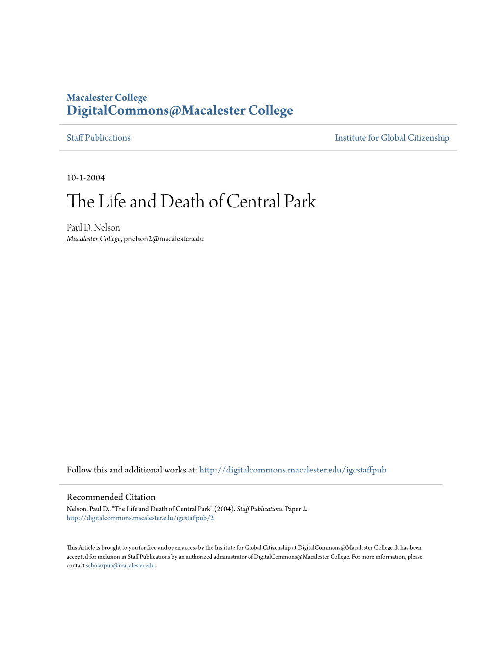 The Life and Death of Central Park Paul D