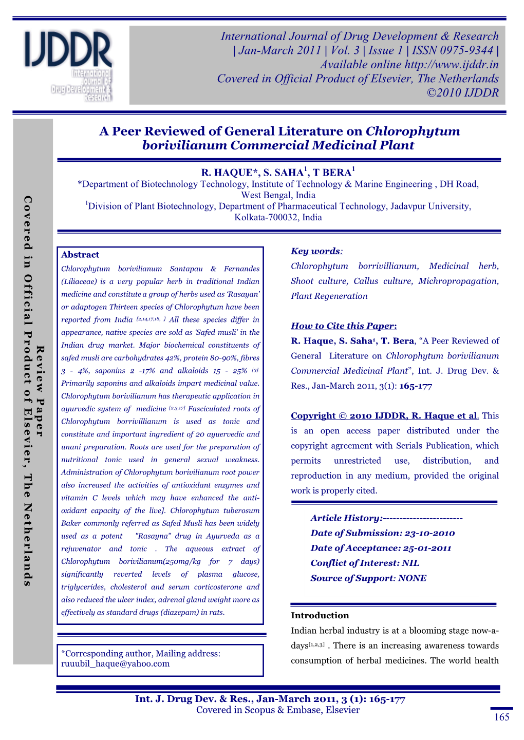 A Peer Reviewed of General Literature on Chlorophytum Borivilianum Commercial Medicinal Plant