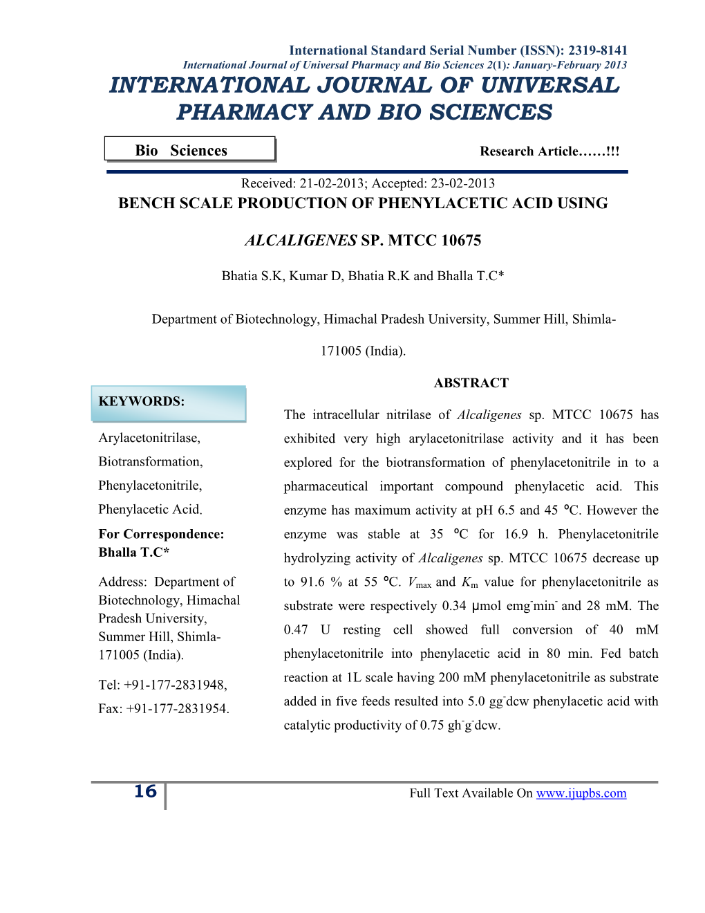 International Journal of Universal Pharmacy and Bio Sciences 2(1): January-February 2013 INTERNATIONAL JOURNAL of UNIVERSAL PHARMACY and BIO SCIENCES