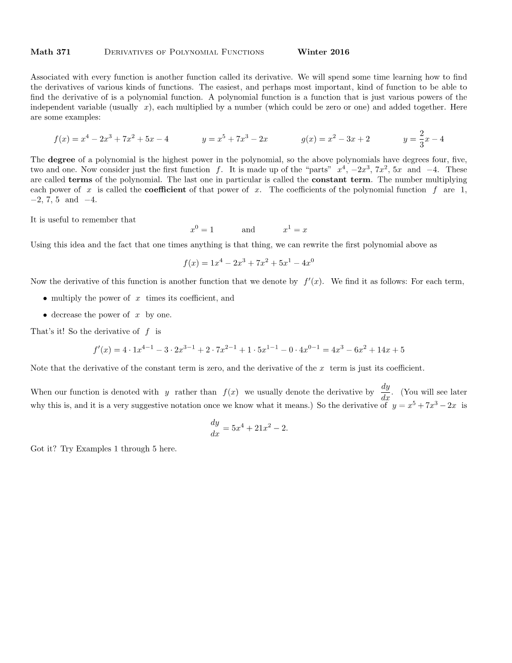 Math 371 Derivatives of Polynomial Functions Winter 2016 Associated