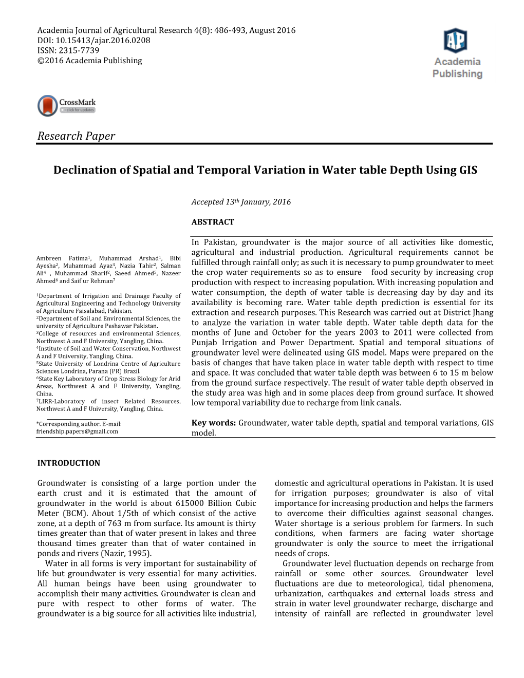 Research Paper Declination of Spatial and Temporal Variation in Water