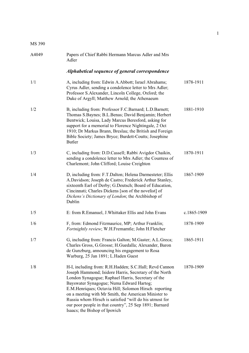 Alphabetical Sequence of General Correspondence