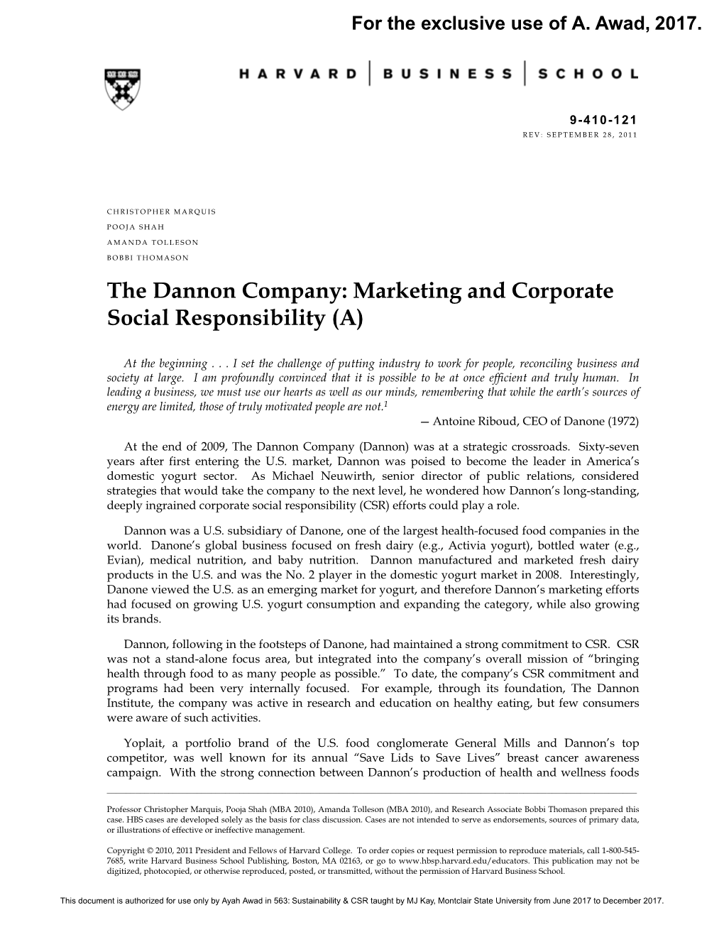 The Dannon Company: Marketing and Corporate Social Responsibility (A)