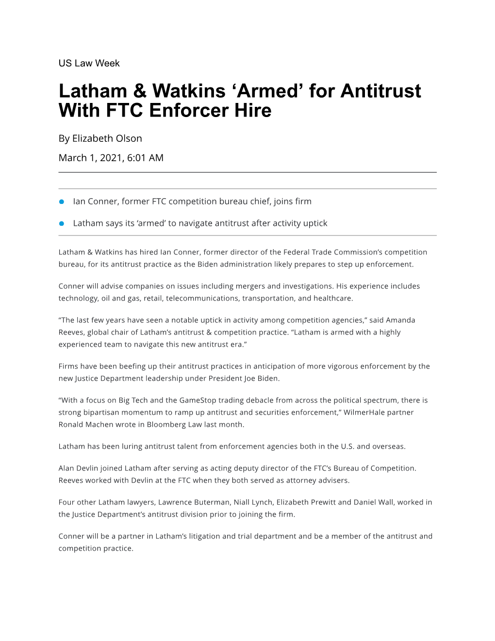 Latham & Watkins 'Armed' for Antitrust with FTC Enforcer Hire