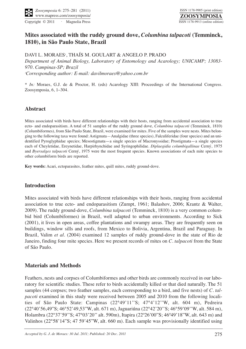 Mites Associated with the Ruddy Ground Dove, Columbina Talpacoti (Temminck, 1810), in São Paulo State, Brazil