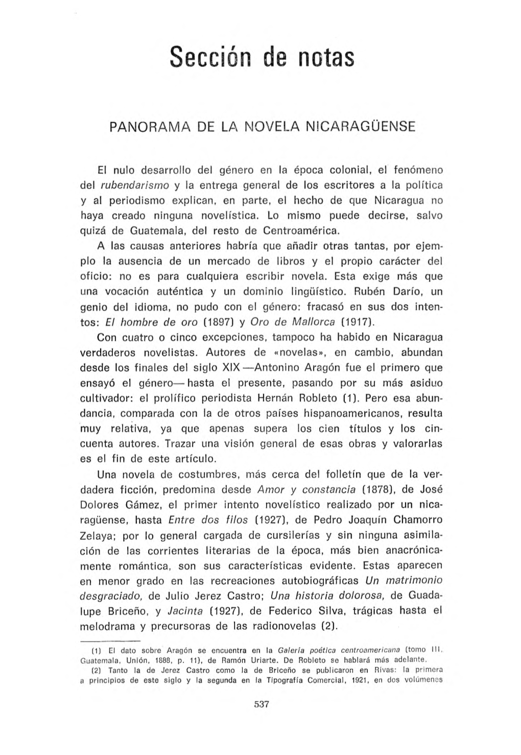 Panorama De La Novela Nicaragüense