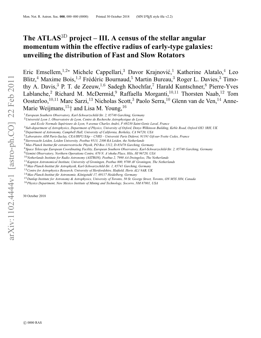 The ATLAS3D Project – III. a Census of the Stellar Angular Momentum Within the Effective Radius of Early-Type Galaxies