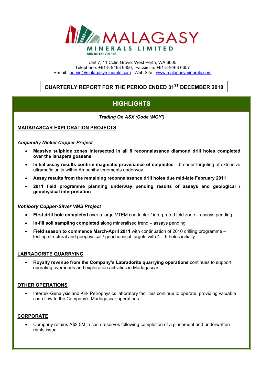 FY11 Second Quarter Activities & Cashflow Report