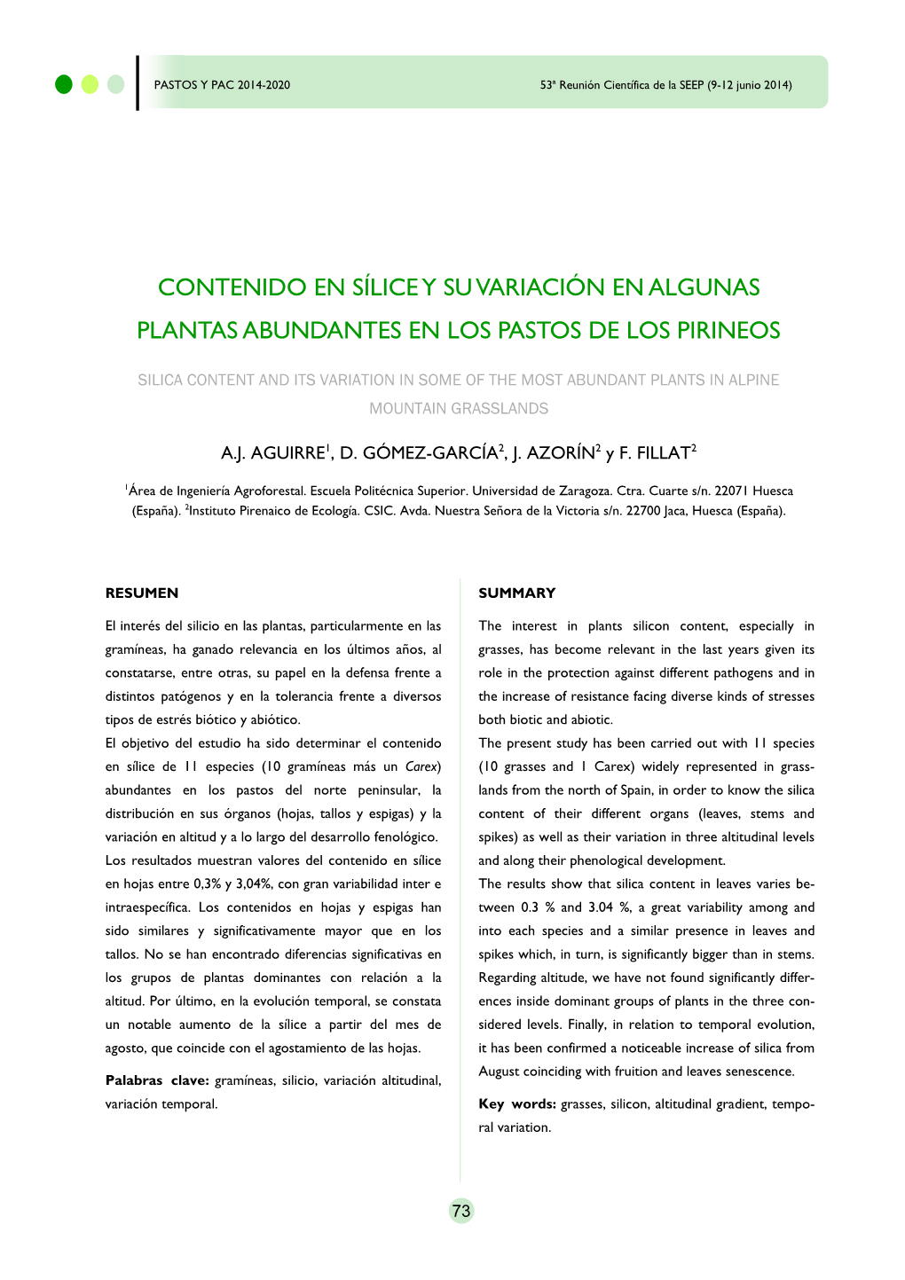 Contenido En Sílice Y Su Variación En Algunas Plantas Abundantes En Los Pastos De Los Pirineos