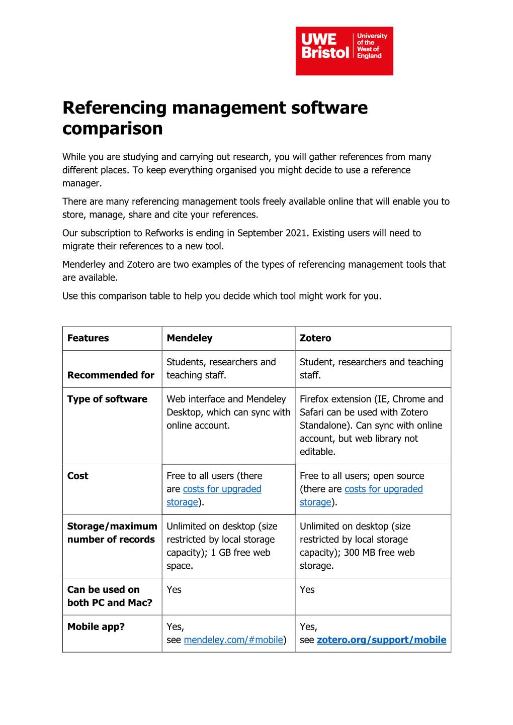 Referencing Management Software Comparison