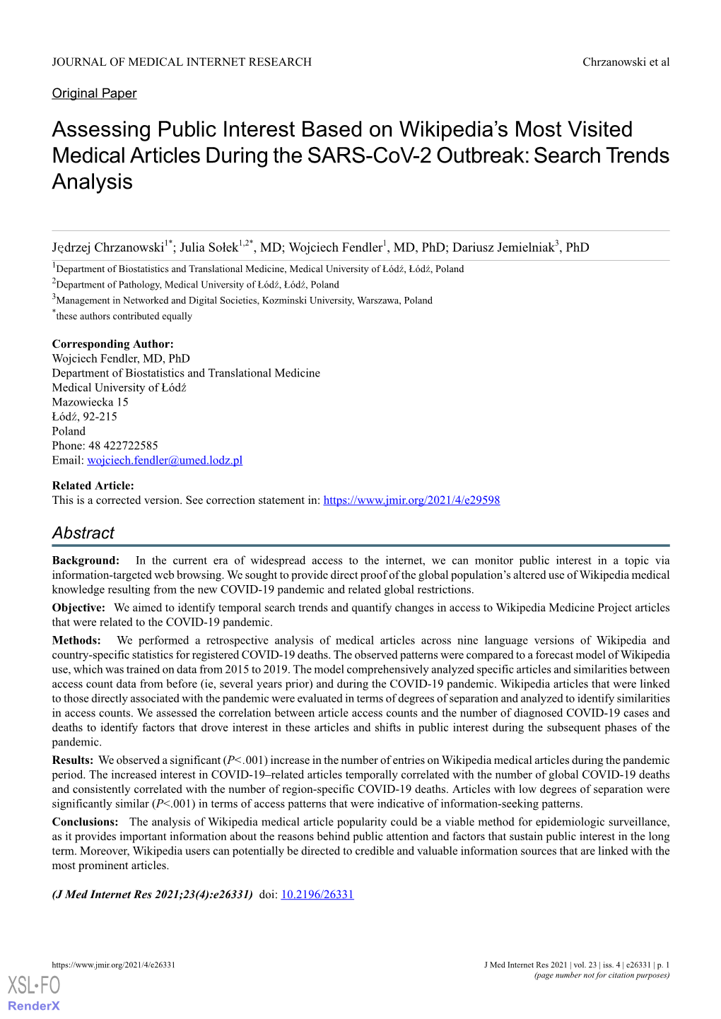 Assessing Public Interest Based on Wikipedia's Most Visited Medical Articles During the SARS-Cov-2 Outbreak: Search Trends Analysis