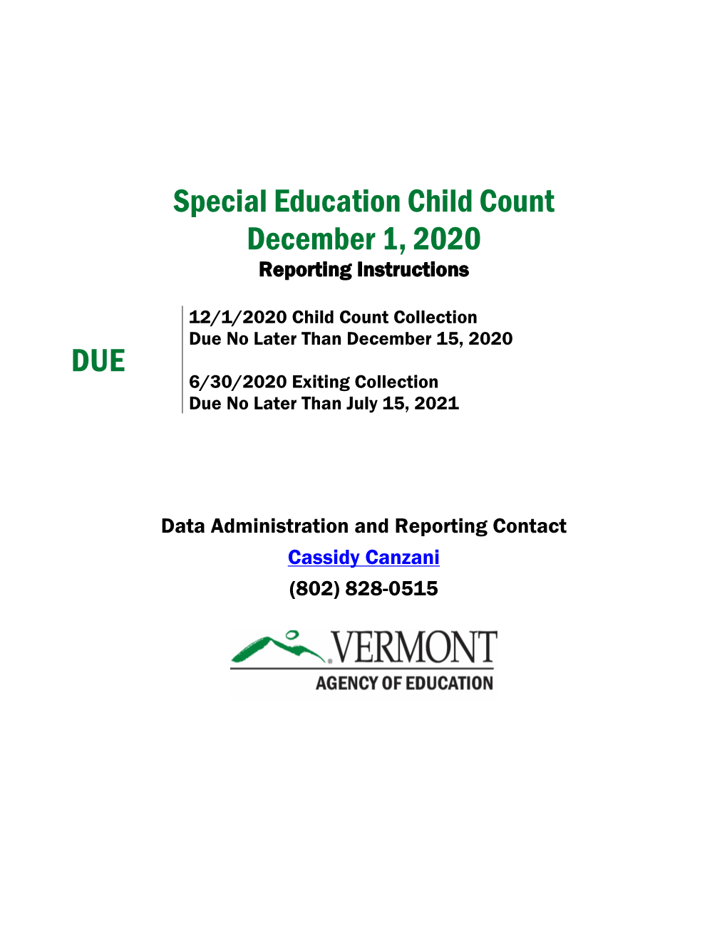 Special Education December 1 Child Count Reporting Instructions FY18