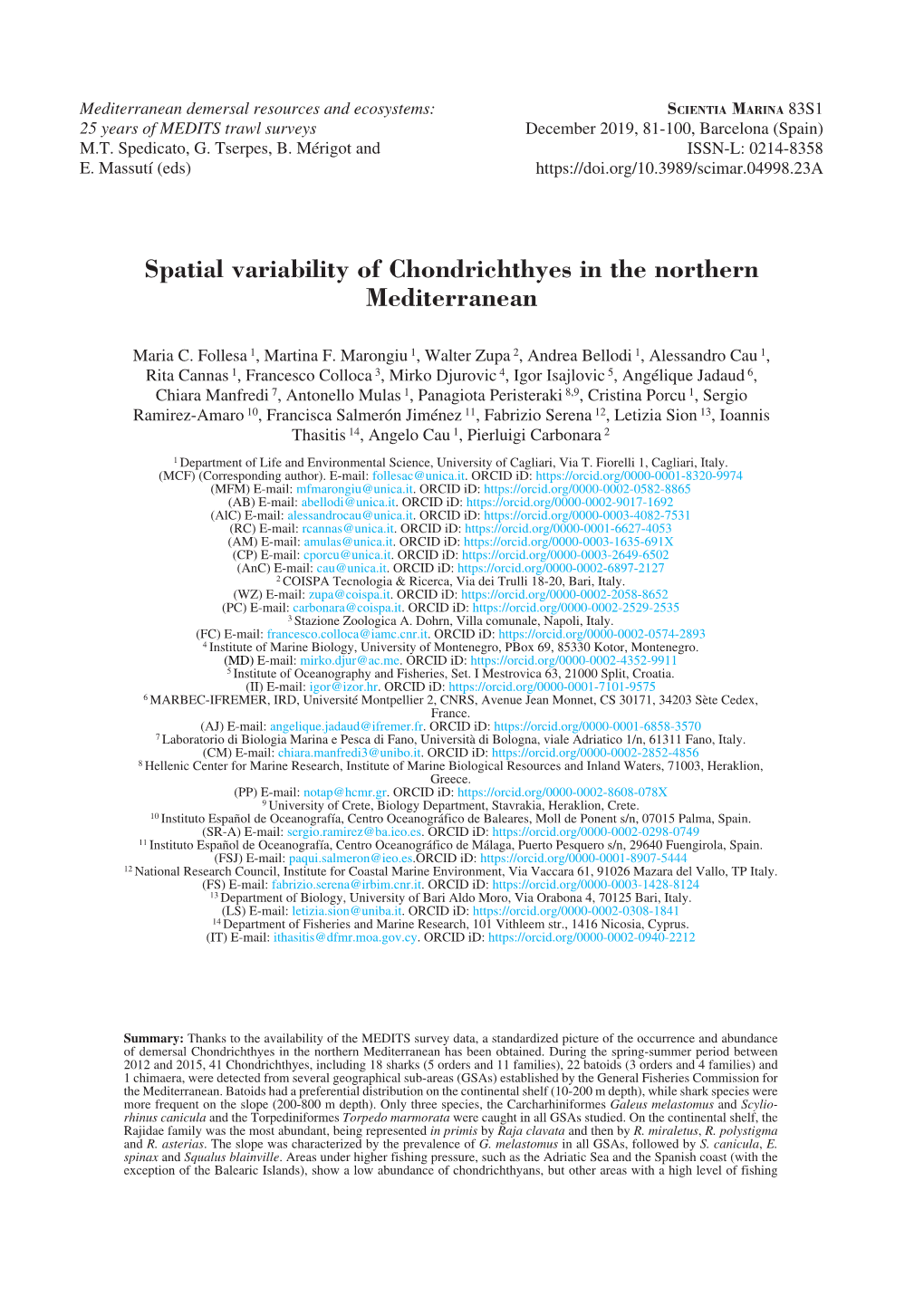 Spatial Variability of Chondrichthyes in the Northern Mediterranean