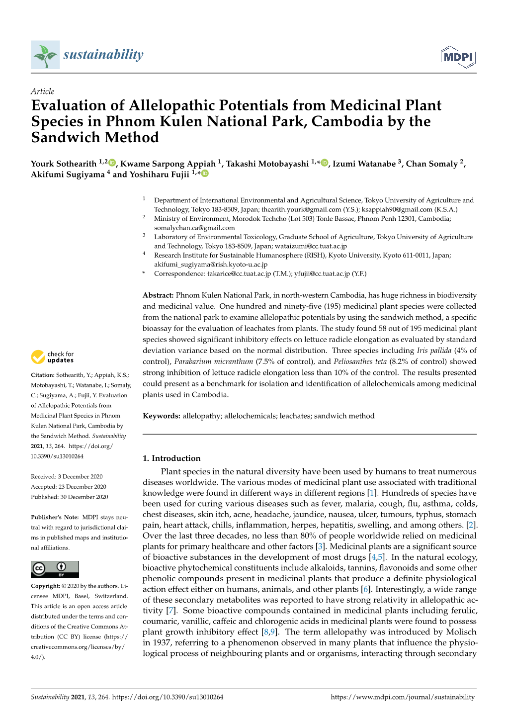 Evaluation of Allelopathic Potentials from Medicinal Plant Species in Phnom Kulen National Park, Cambodia by the Sandwich Method