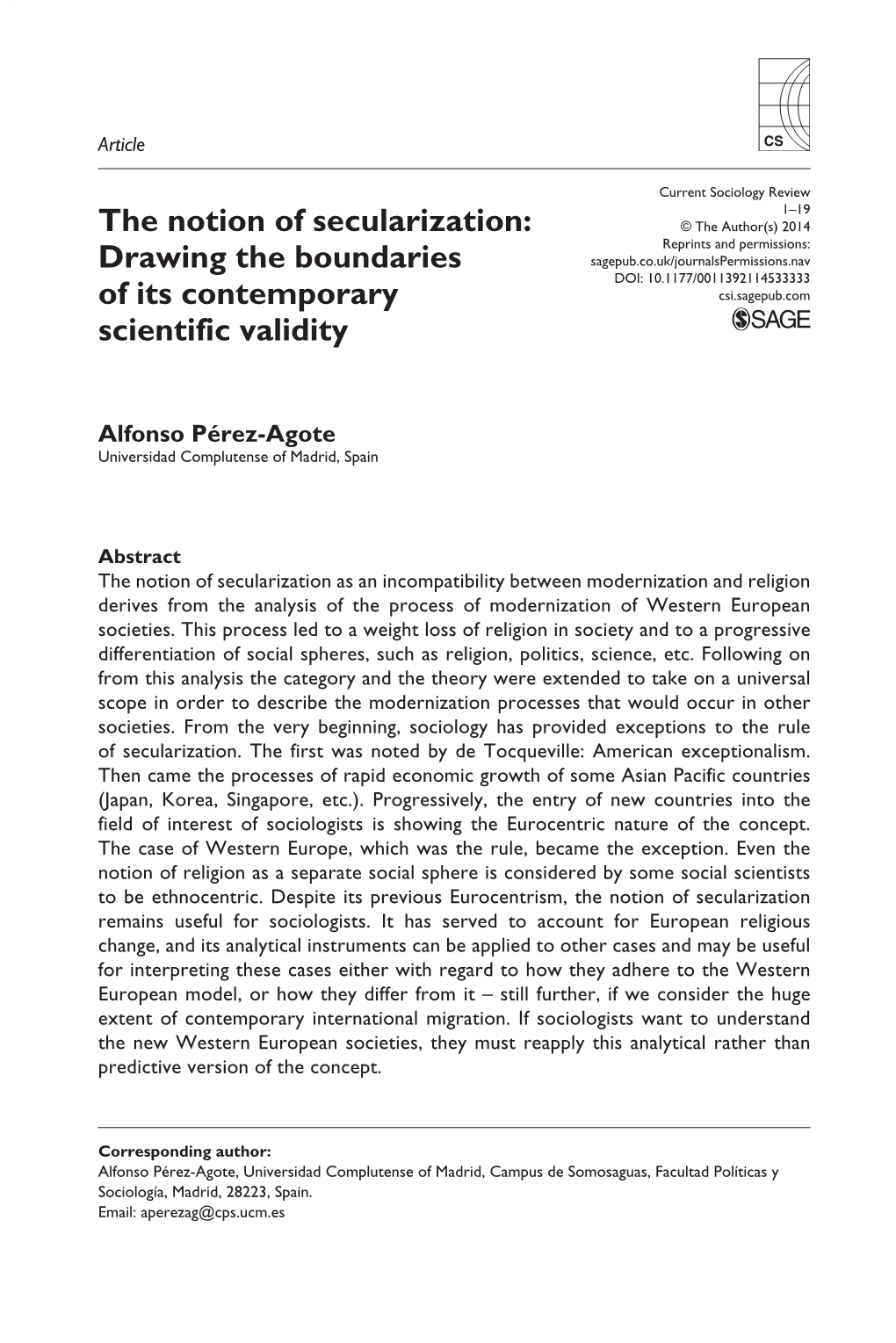 The Notion of Secularization: Drawing the Boundaries of Its Contemporary Scientific Validity