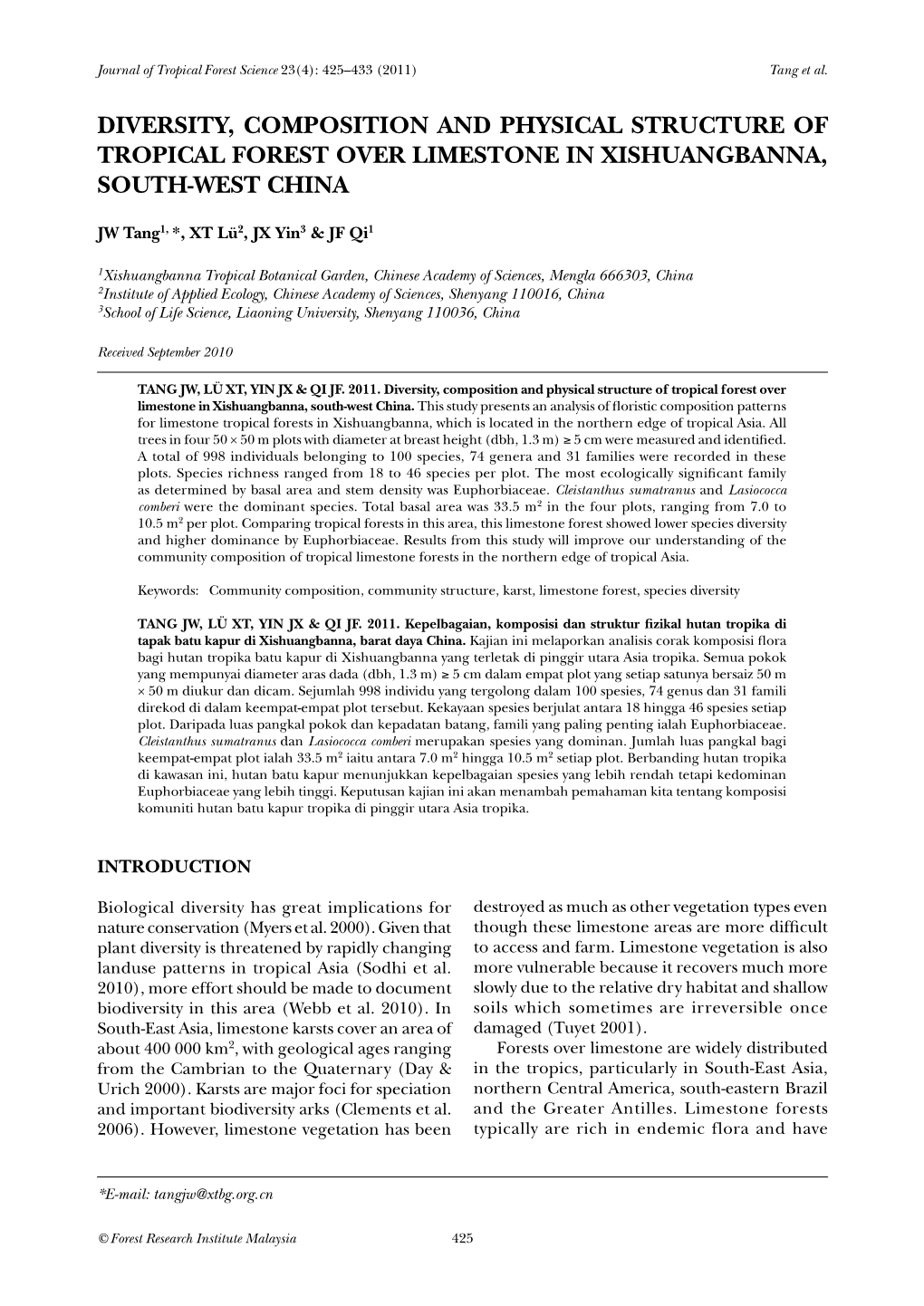 Diversity, Composition and Physical Structure of Tropical Forest Over Limestone in Xishuangbanna, South-West China