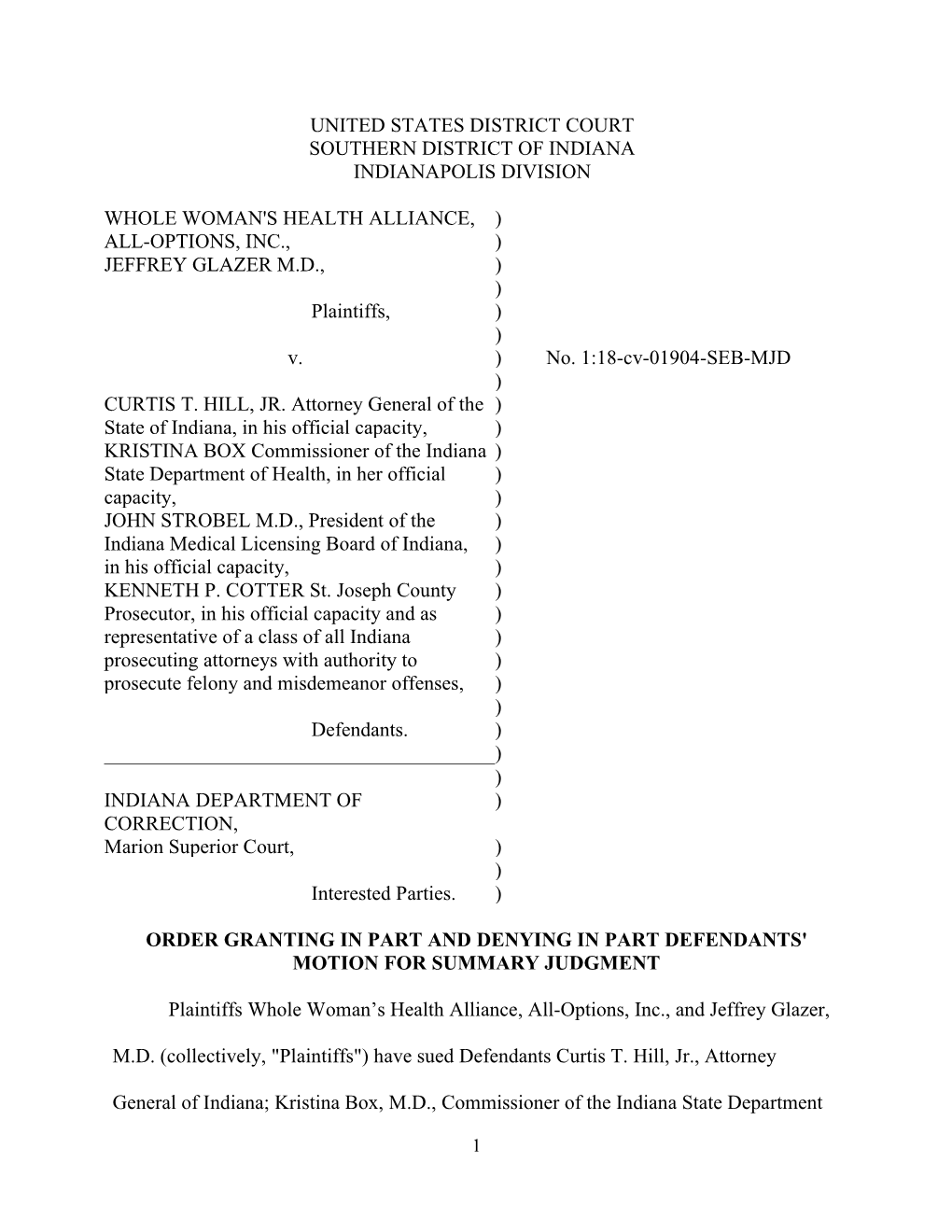 United States District Court Southern District of Indiana Indianapolis Division