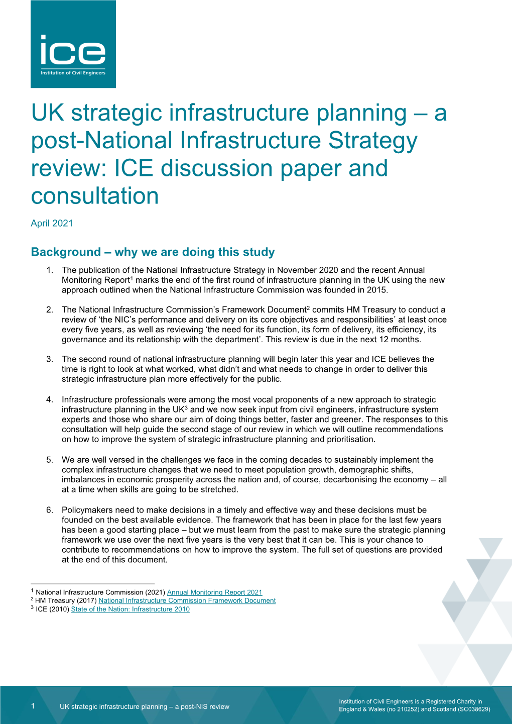 UK Strategic Infrastructure Planning – a Post-National Infrastructure Strategy Review: ICE Discussion Paper and Consultation