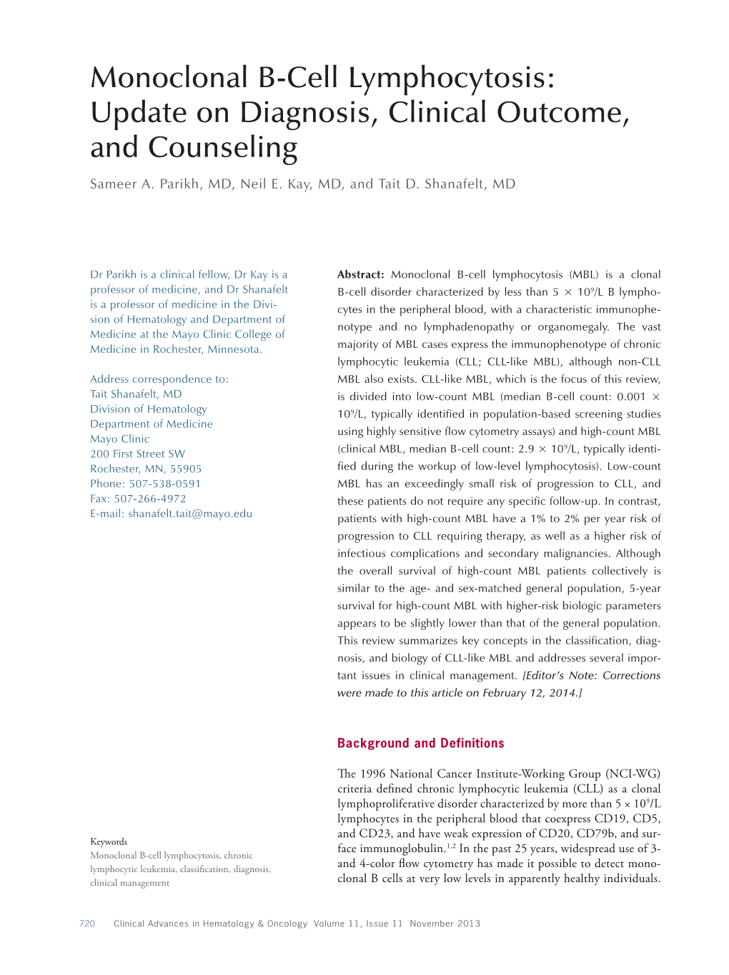 Monoclonal B-Cell Lymphocytosis: Update on Diagnosis, Clinical Outcome, and Counseling Sameer A