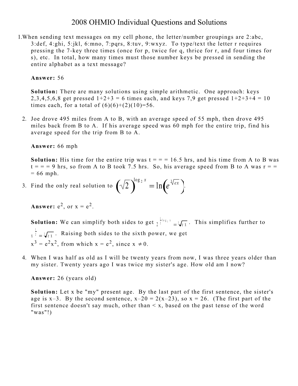 2008 OHMIO Individual Questions and Solutions