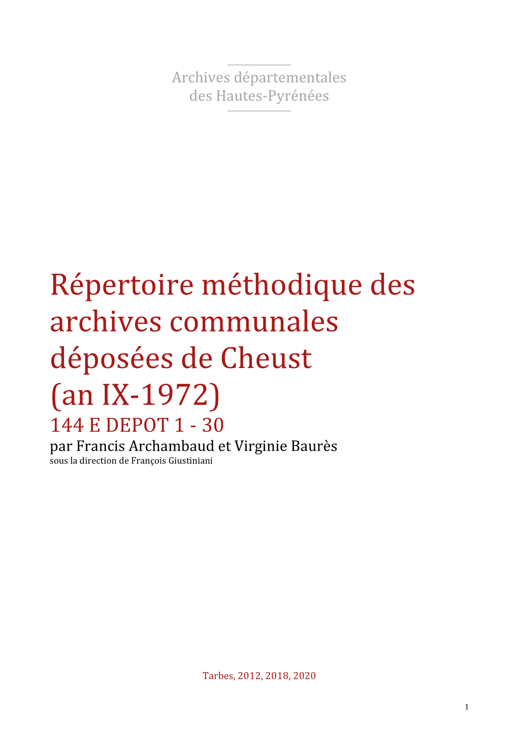 Répertoire Méthodique Des Archives Communales Déposées De Cheust