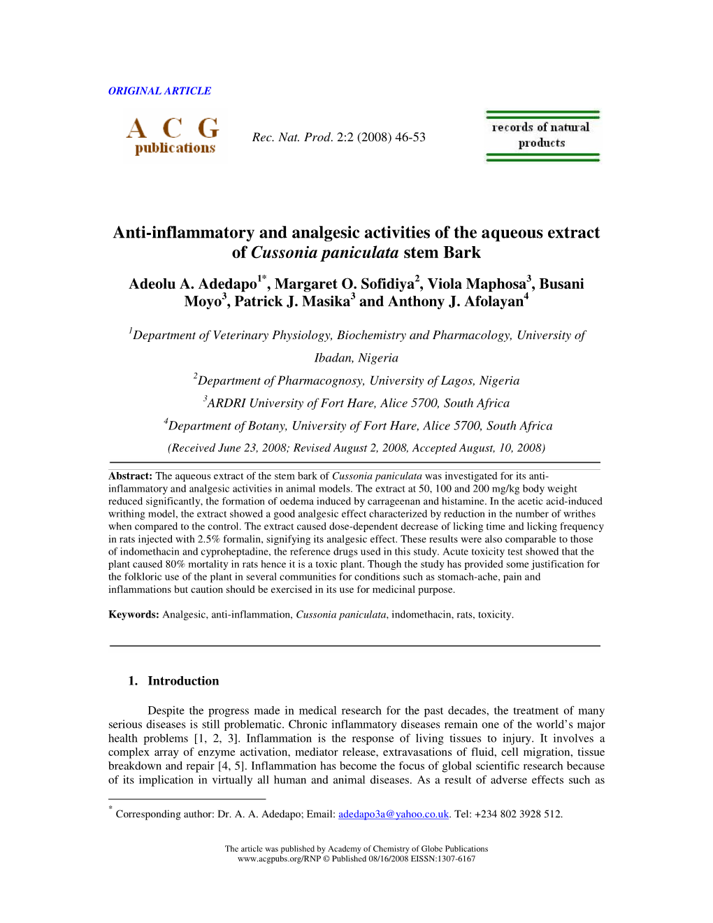 Anti-Inflammatory and Analgesic Activities of the Aqueous Extract of Cussonia Paniculata Stem Bark