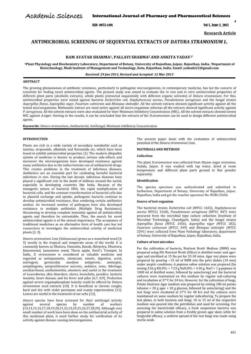 Antimicrobial Screening of Sequential Extracts of Datura Stramonium L