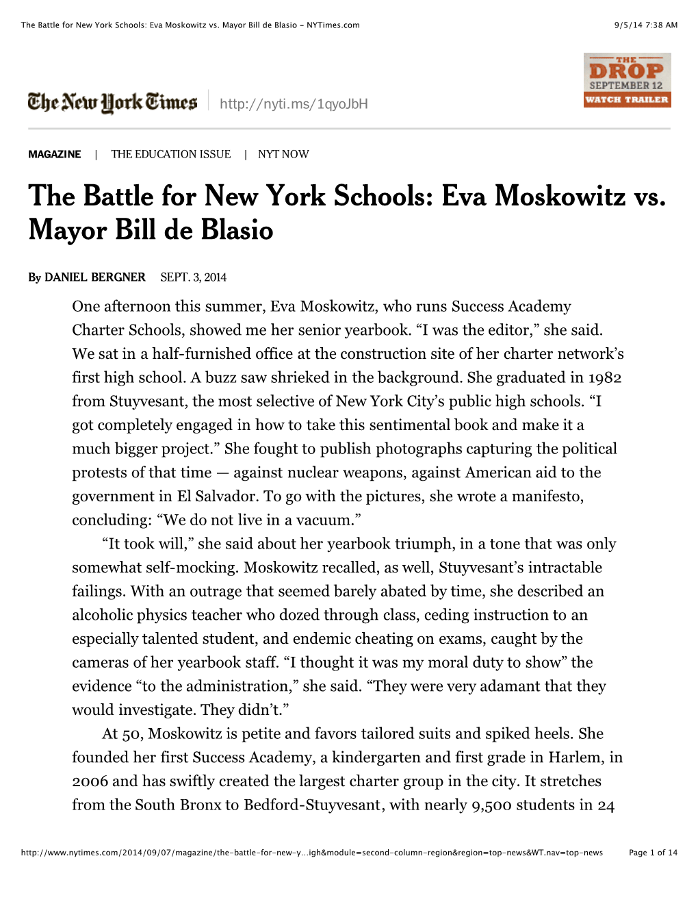 The Battle for New York Schools: Eva Moskowitz Vs. Mayor Bill De Blasio - Nytimes.Com 9/5/14 7:38 AM