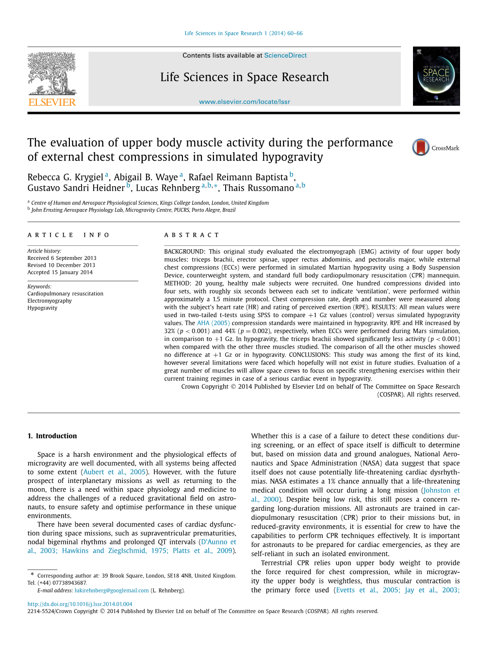 The Evaluation of Upper Body Muscle Activity During the Performance of External Chest Compressions in Simulated Hypogravity