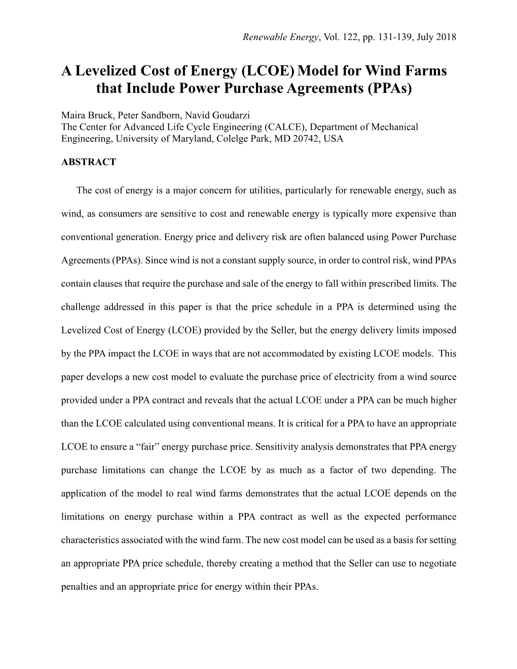 (LCOE)Model for Wind Farms That Include Power Purchase Agreements
