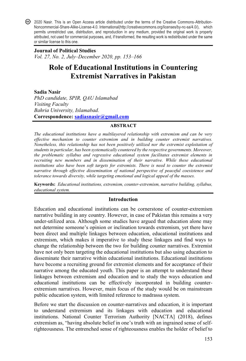 Role of Educational Institutions in Countering Extremist Narratives in Pakistan