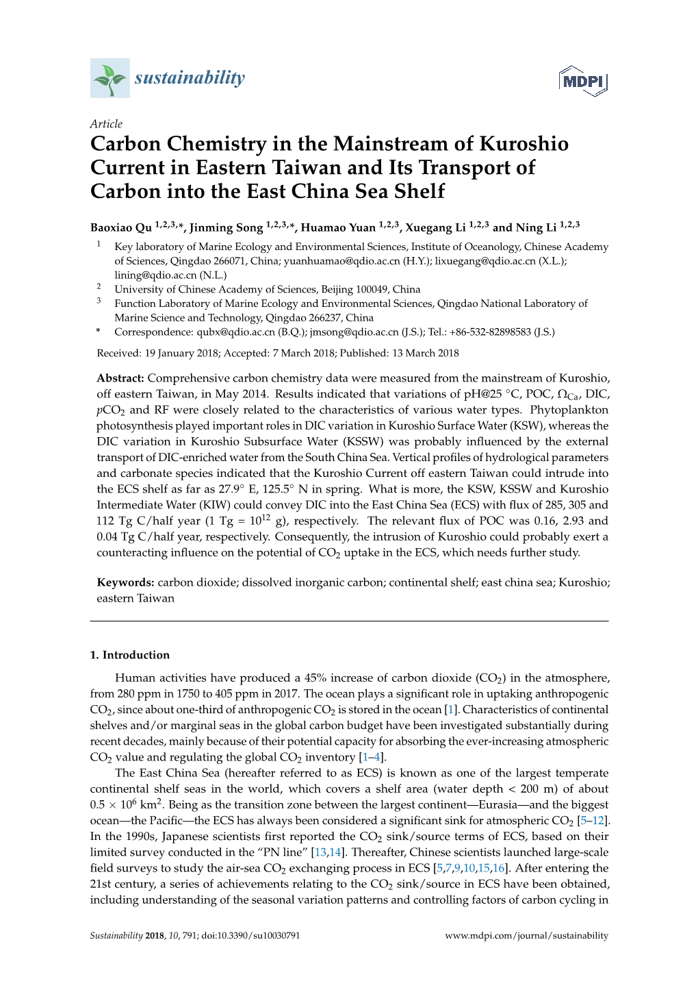 Carbon Chemistry in the Mainstream of Kuroshio Current in Eastern Taiwan and Its Transport of Carbon Into the East China Sea Shelf