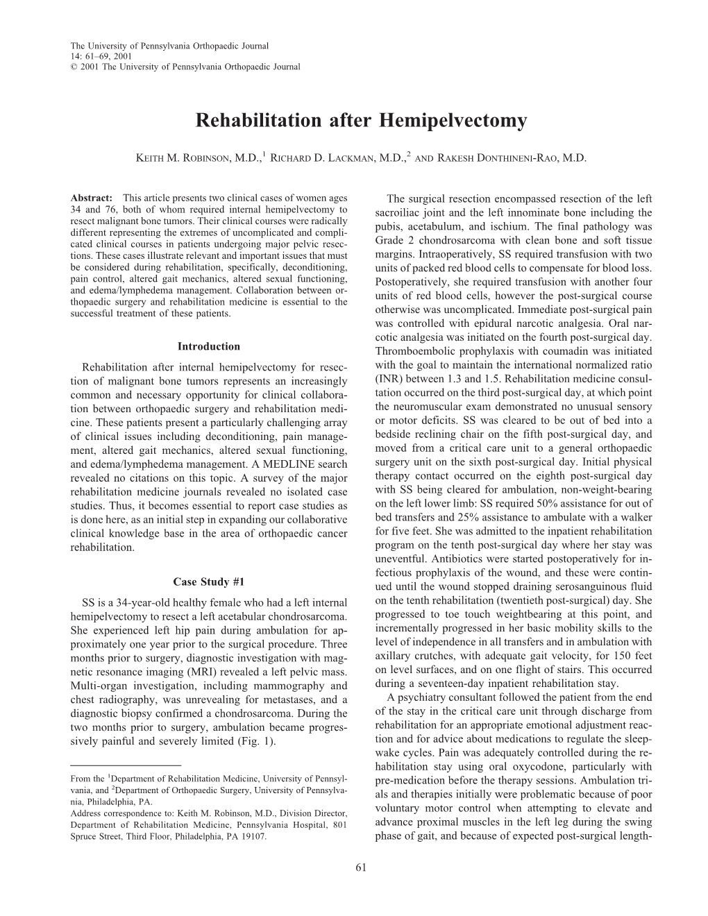 Rehabilitation After Hemipelvectomy