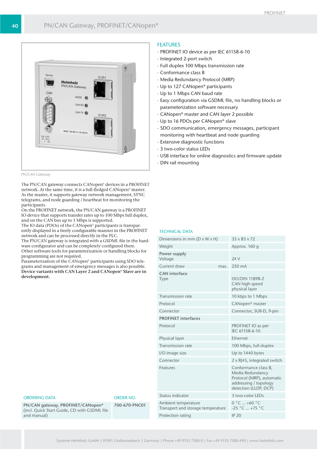 PN/CAN Gateway, PROFINET/Canopen®