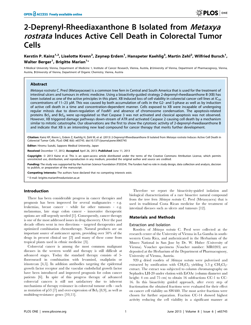 2-Deprenyl-Rheediaxanthone B Isolated from Metaxya Rostrata Induces Active Cell Death in Colorectal Tumor Cells