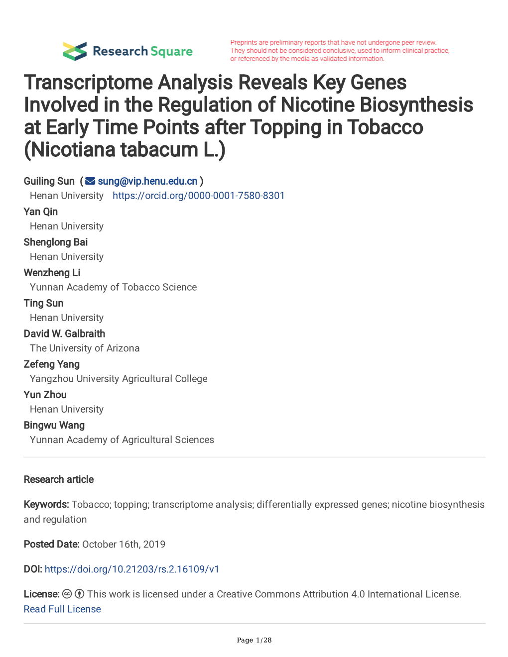 Transcriptome Analysis Reveals Key Genes Involved in the Regulation of Nicotine Biosynthesis at Early Time Points After Topping in Tobacco (Nicotiana Tabacum L.)