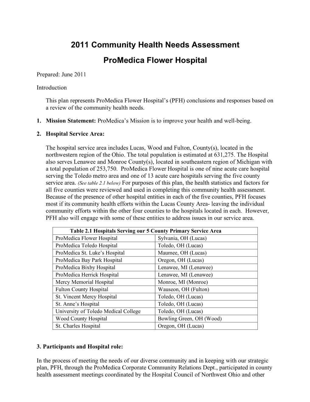 2011 Community Health Needs Assessment Promedica Flower Hospital