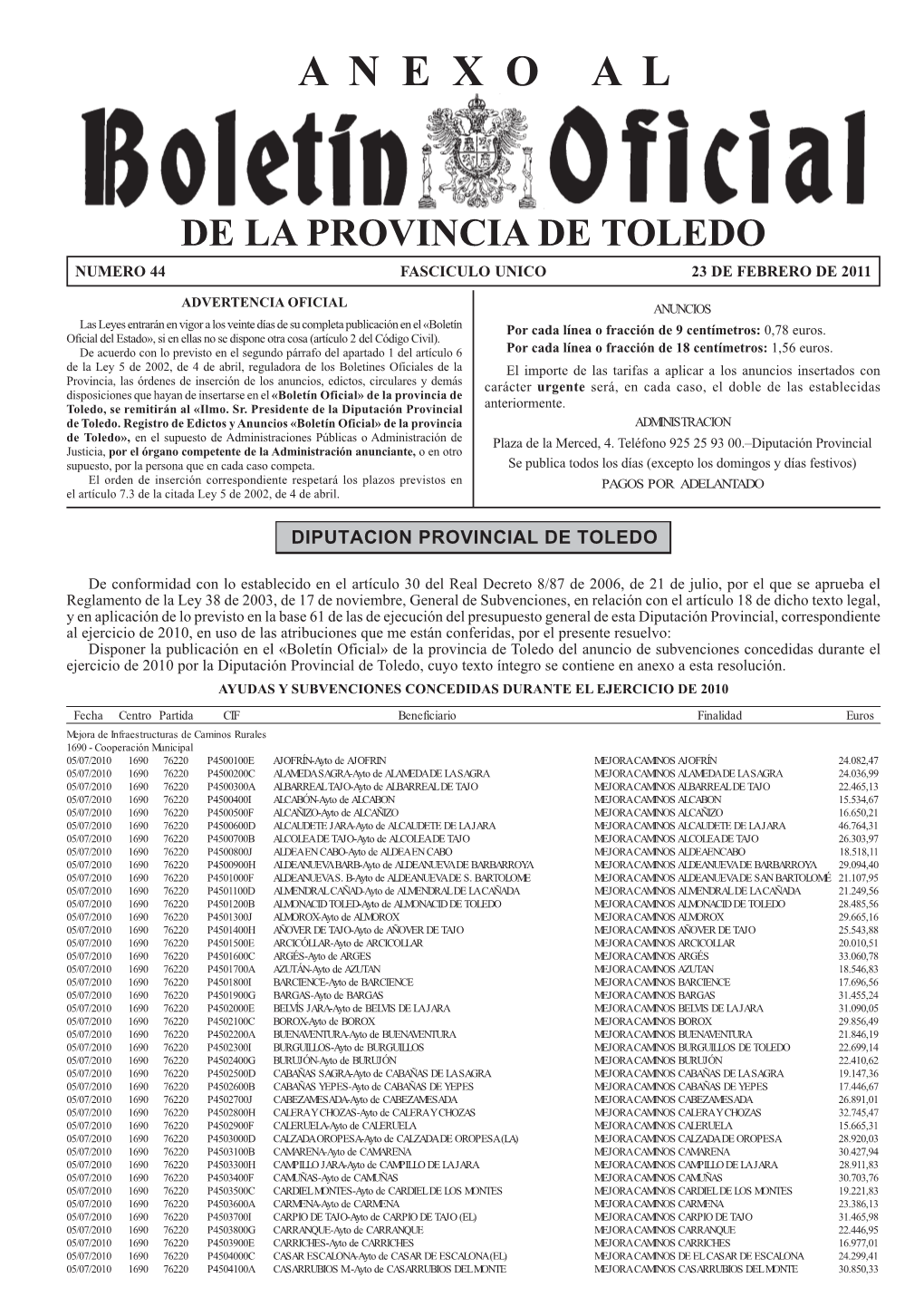 De La Provincia De Toledo Anexoal