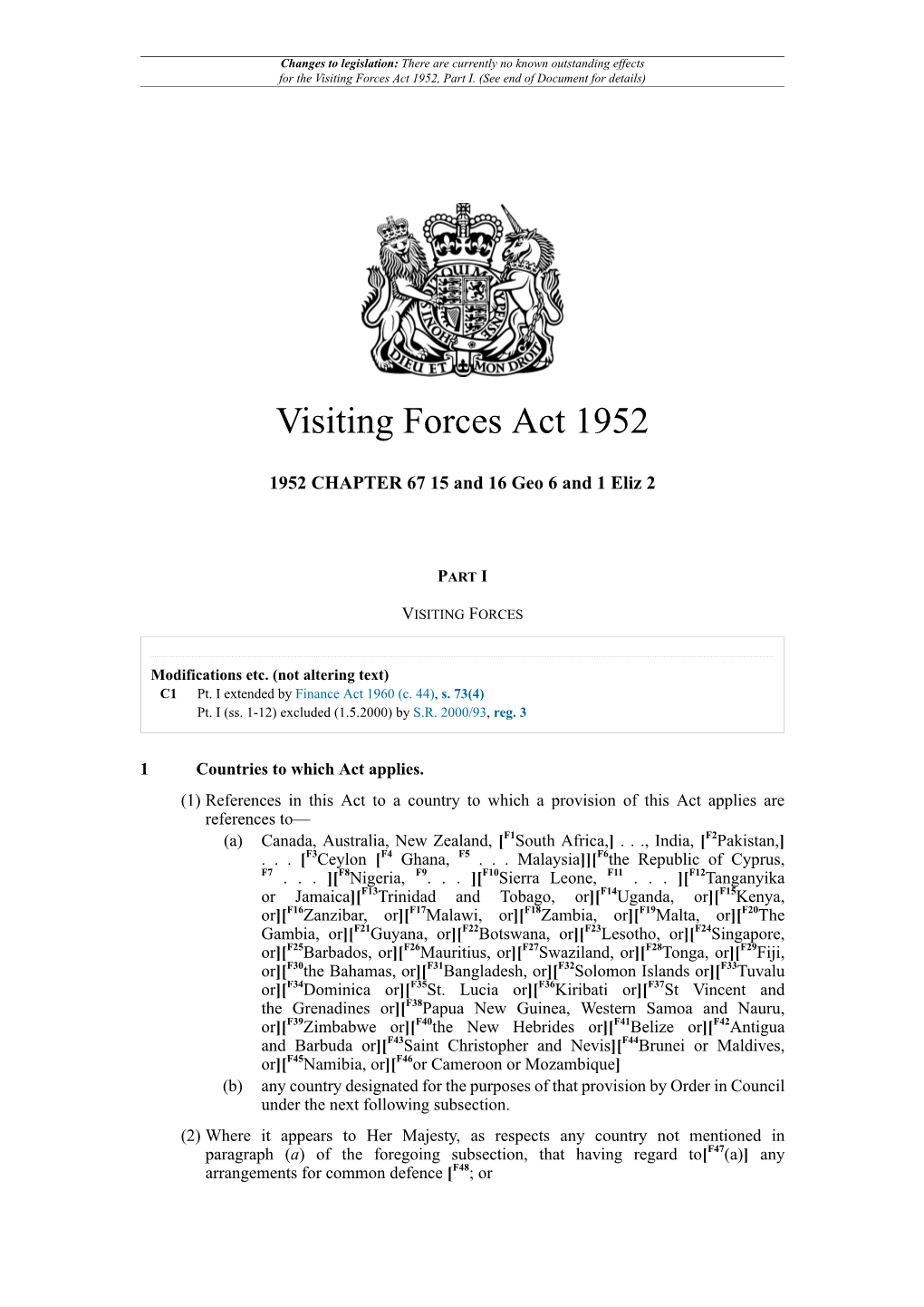 Visiting Forces Act 1952, Part I