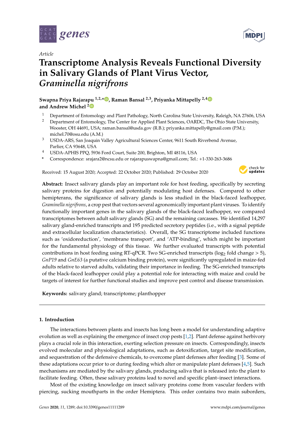 Transcriptome Analysis Reveals Functional Diversity in Salivary Glands of Plant Virus Vector, Graminella Nigrifrons